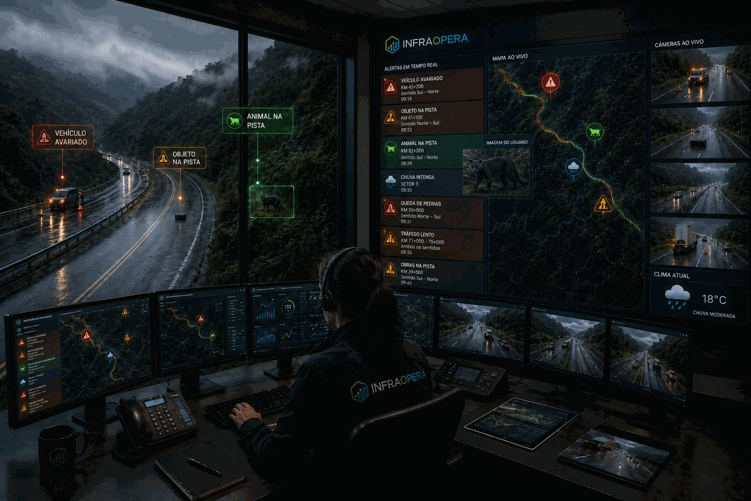 Centro de controle da InfraOpera: alertas em tempo real, mapa ao vivo e câmeras de um corredor rodoviário