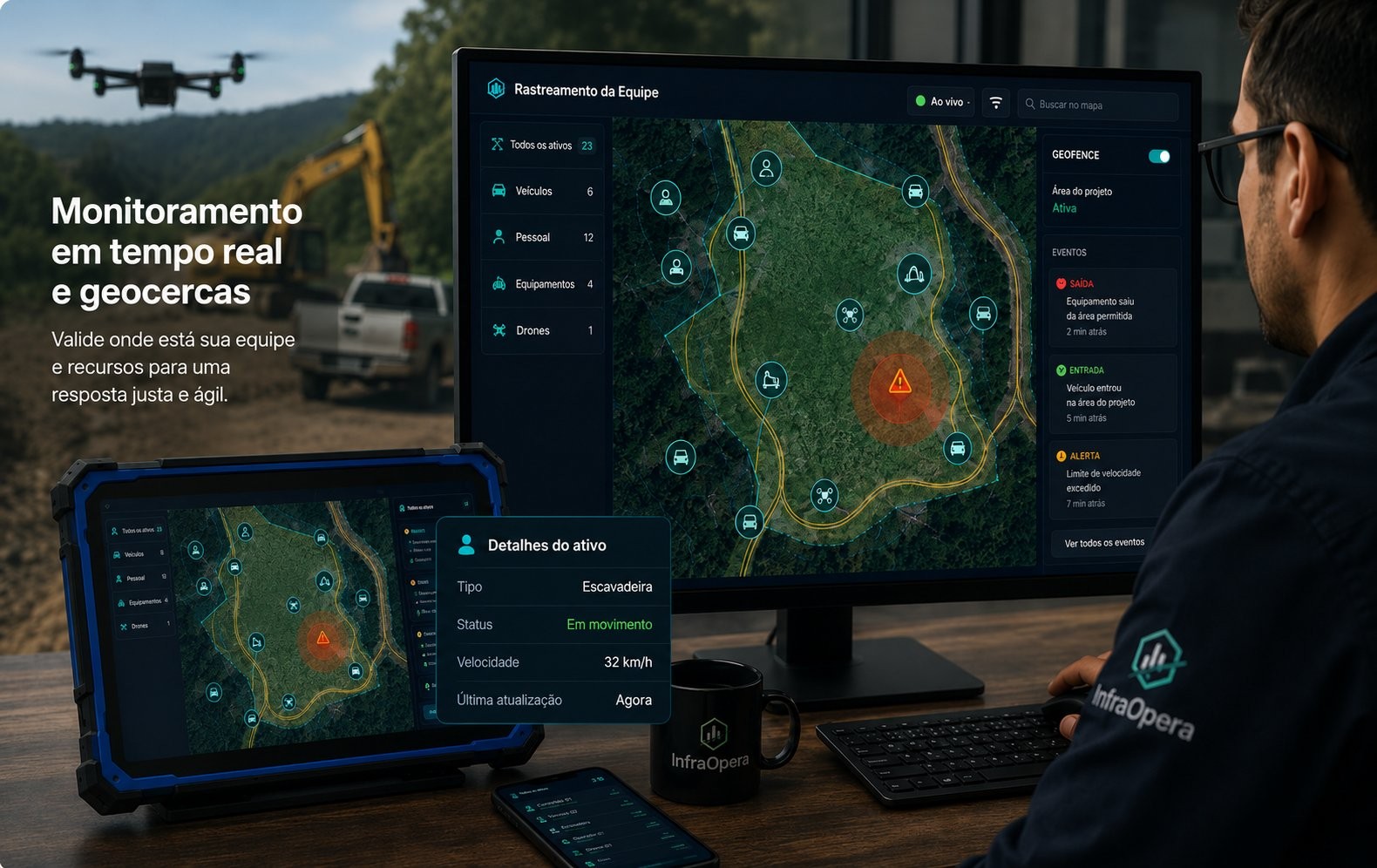 Tracking ao vivo e geocercas: localização de equipe e recursos em tempo real