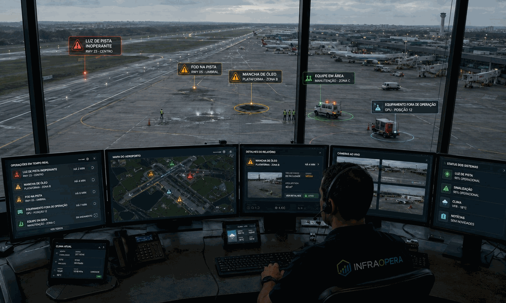 Torre de controle de aeroporto com alertas em tempo real da InfraOpera: FOD na pista, luz de pista inoperante e equipes na zona