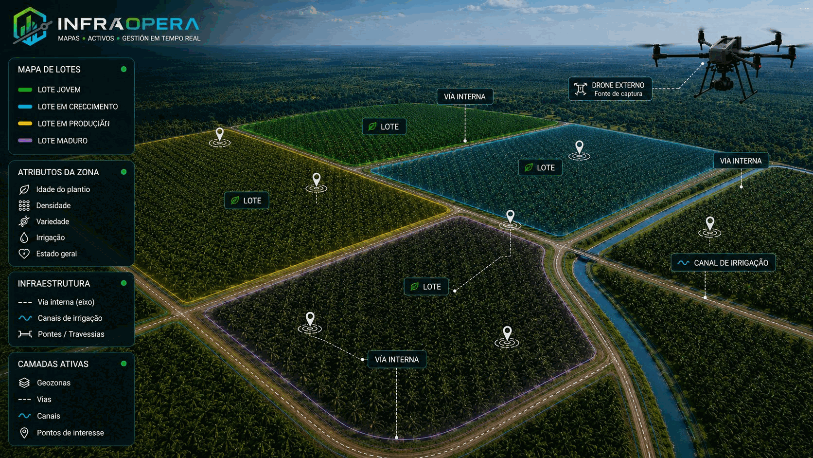 Plantação de palma africana operada com a InfraOpera: talhões delimitados por geozonas conforme sua idade, vias internas e canais de irrigação sobre o mapa, com captura por drone.