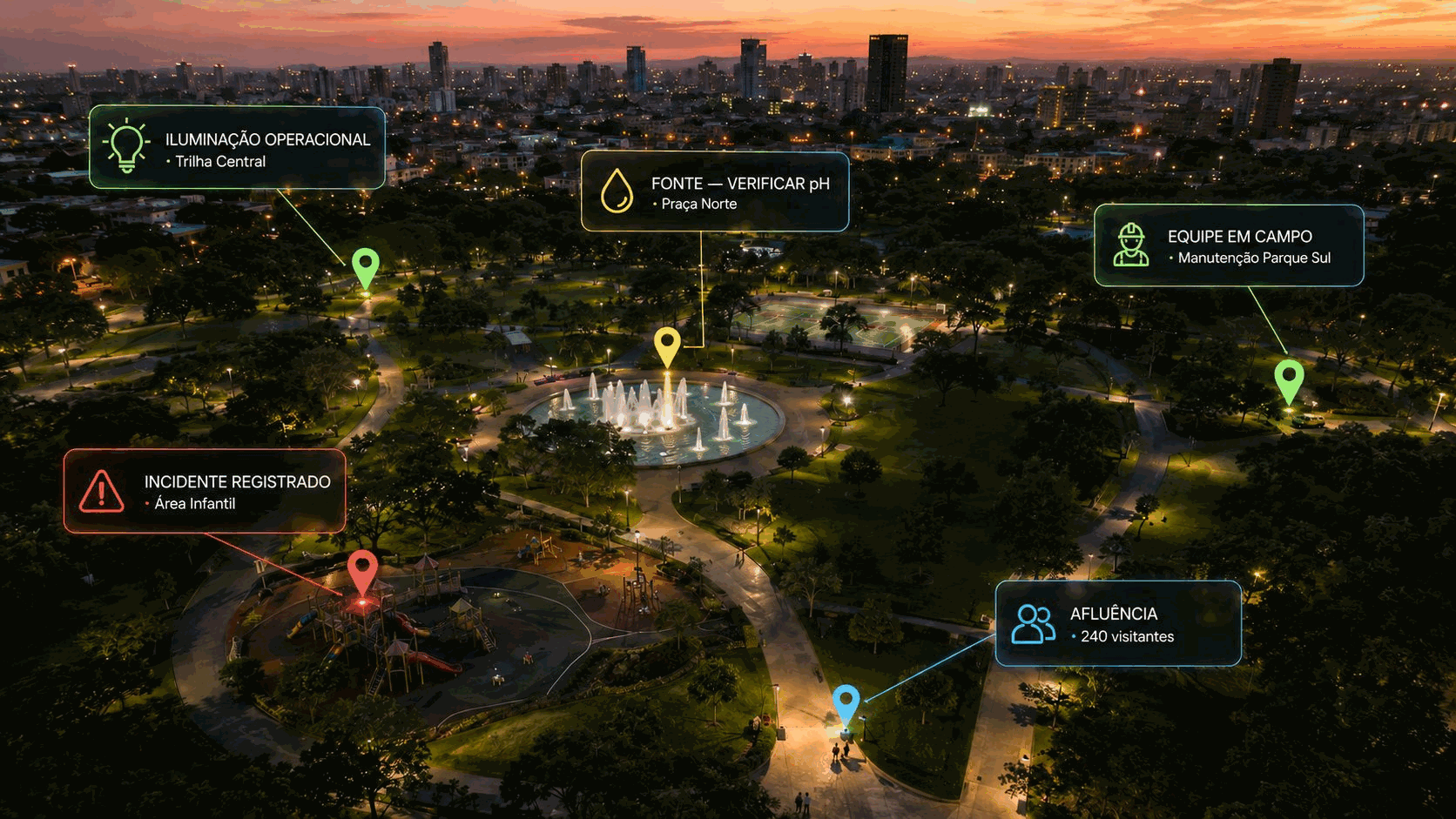 Parque urbano ao entardecer operado com a InfraOpera: alertas em tempo real de luminária operante, fonte com pH a revisar, equipe na zona, brinquedo relatado na área infantil e contagem de fluxo de visitantes