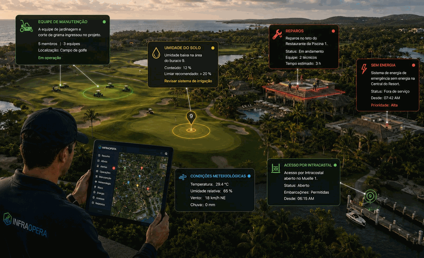 Operação de um resort e clube de golfe sobre um mapa vivo da InfraOpera: equipe de manutenção no campo, umidade do terreno, reparos, estado de energia e acesso pelo intracoastal em tempo real