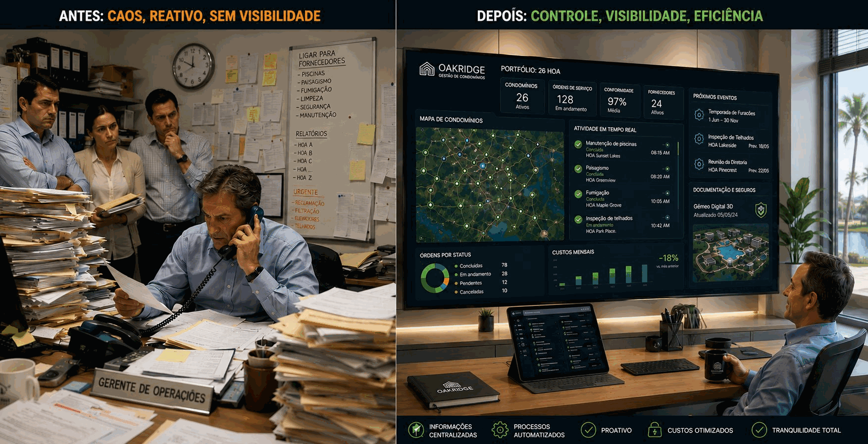 Antes: um escritório no caos, reativo e sem visibilidade, com o gerente de operações cercado de papéis e ligando para fornecedores. Depois: controle, visibilidade e eficiência — um portfólio de 26 comunidades operado a partir de um dashboard da InfraOpera com mapa, atividade em tempo real e custos otimizados.