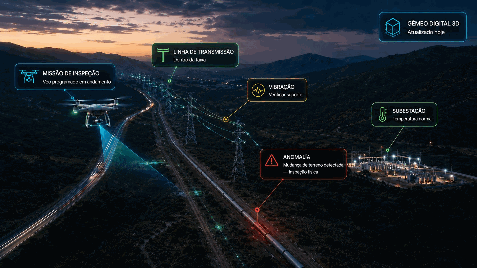 Inspeção da rede em ação ao anoitecer: um drone em missão programada percorre o corredor, a catenária é reportada dentro da faixa, uma ferragem com vibração a revisar, uma anomalia por mudança de terreno sobre o duto marcada para inspeção física, a subestação com temperatura normal e o gêmeo digital 3D atualizado hoje.