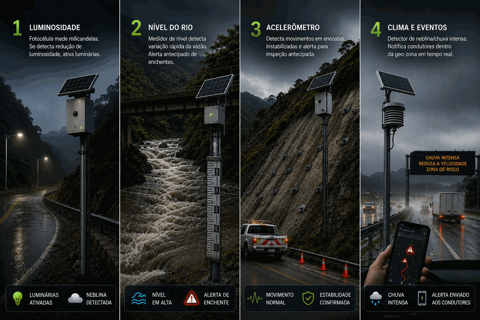 Quatro tipos de telemetria na via: sensor de luminosidade que aciona luminárias, medidor de nível do leito com alerta de inundação, acelerômetro em taludes, e detector de clima que notifica motoristas na geozona.