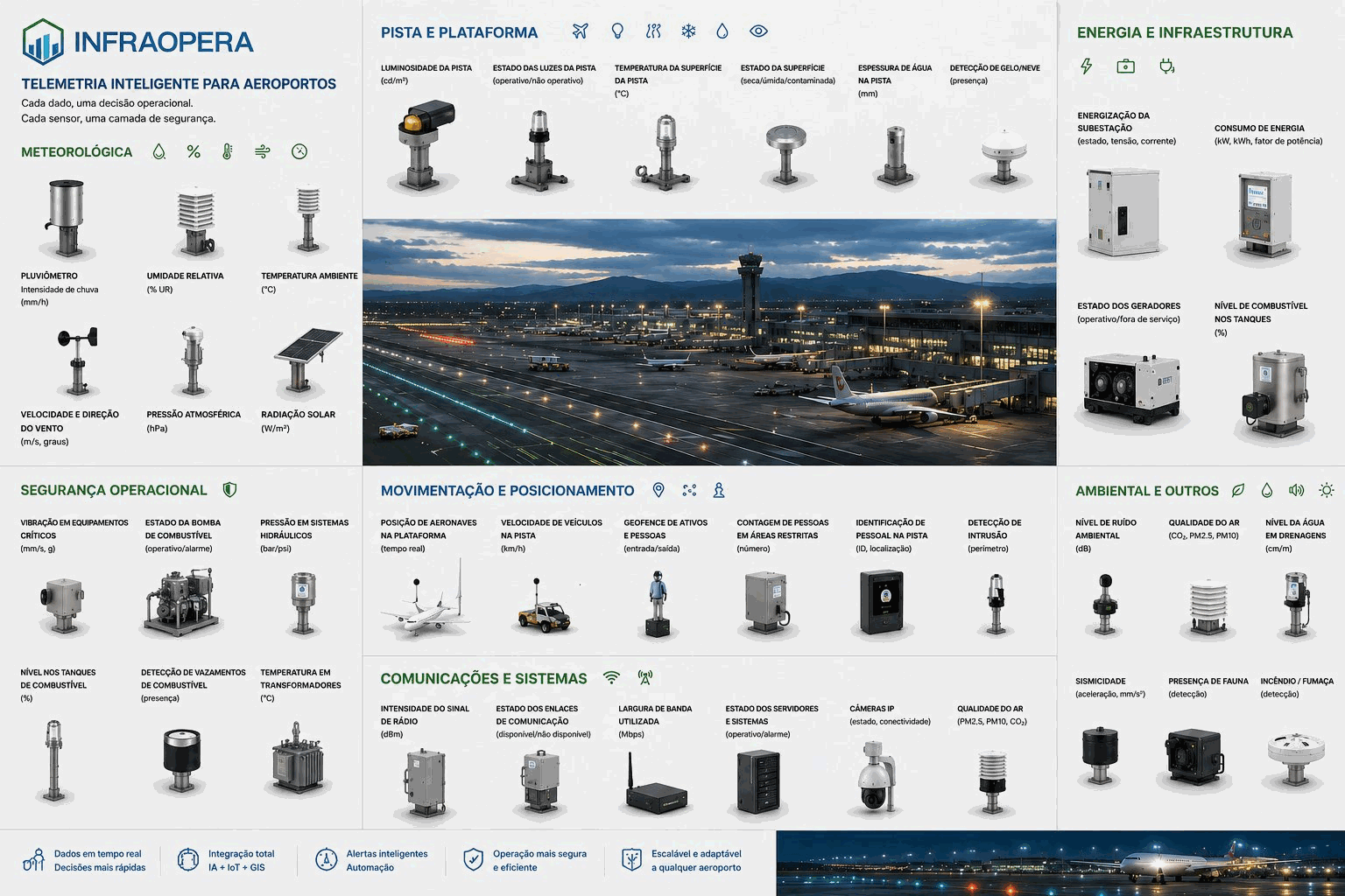 Catálogo de telemetria que a InfraOpera pode integrar em um aeroporto: sensores meteorológicos, de pista e pátio, de segurança operacional, de movimento e posicionamento, de energia e infraestrutura, ambientais e de comunicações.