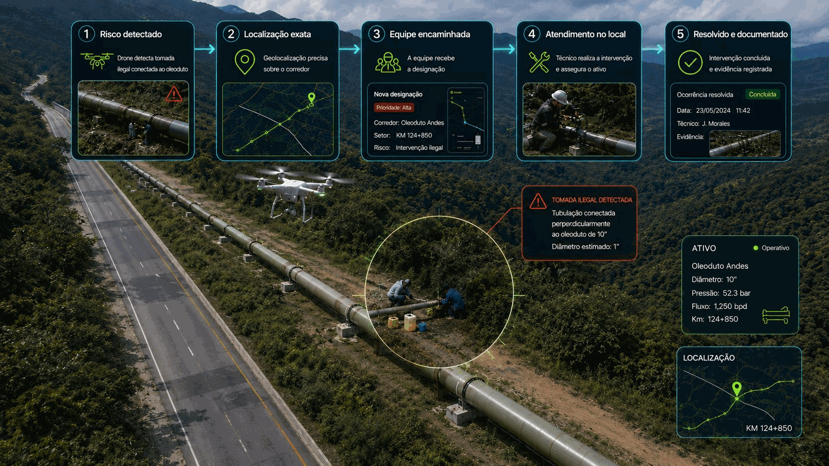 Fluxo de Rede Viva em 5 passos sobre um oleoduto: 1. detecta-se o risco (um drone identifica uma ligação clandestina conectada ao duto), 2. localização exata sobre o corredor, 3. roteia-se à equipe com a atribuição, 4. atendimento no local do técnico, 5. resolvido e documentado com evidência.