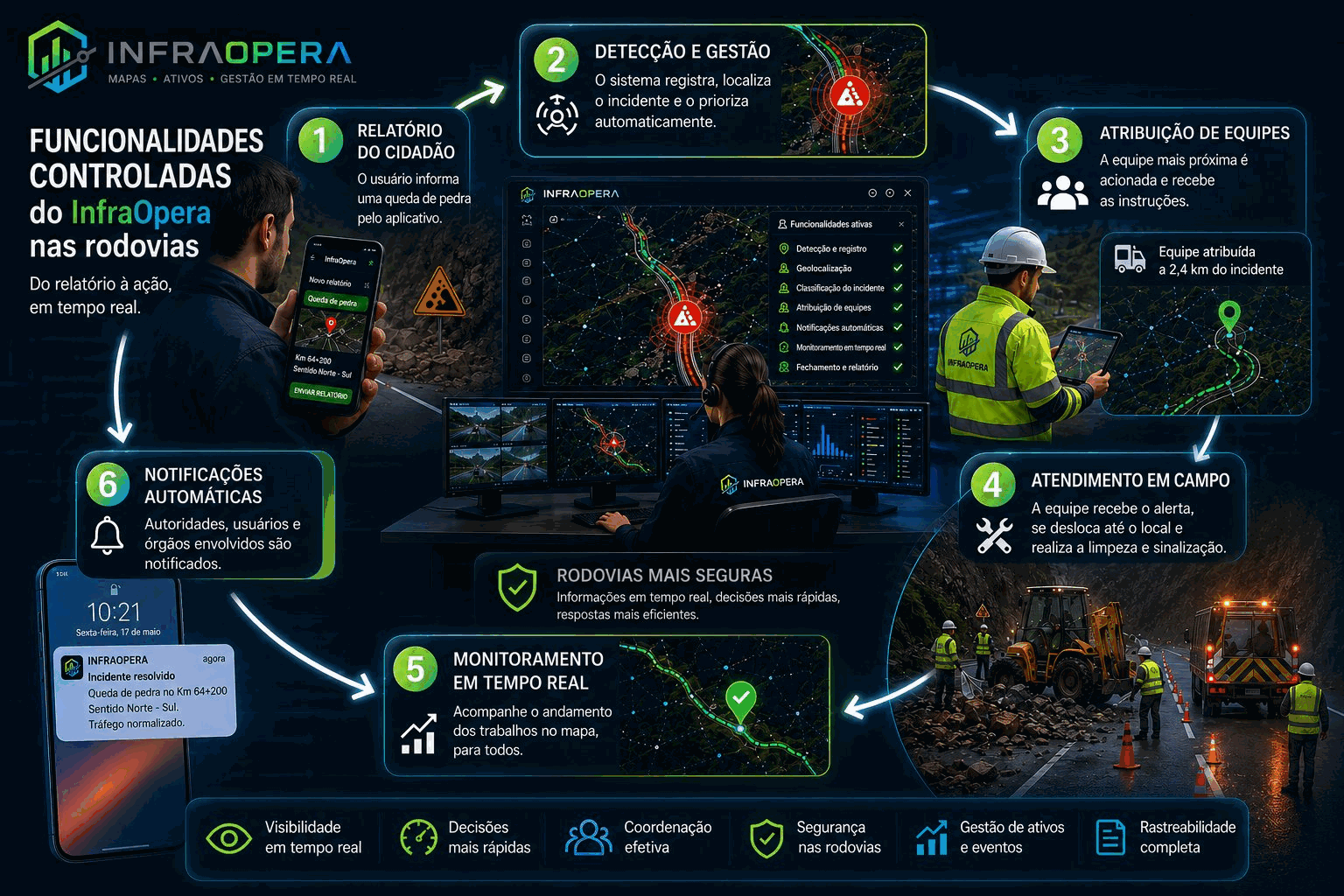 Fluxo de Via Viva: do relato do cidadão ao atendimento em campo, com detecção, atribuição de equipes, acompanhamento em tempo real e notificações automáticas.